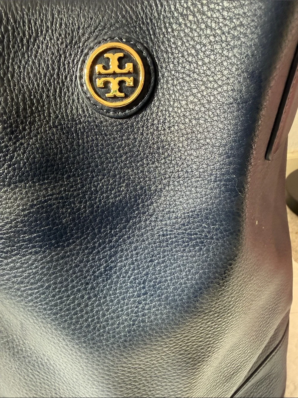 Tory Burch Navy Shoulder Tote with Gold Emblem